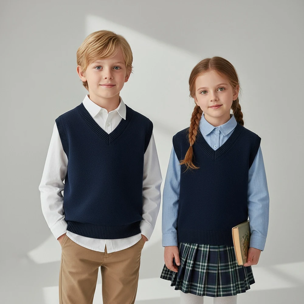 

Autumn Winter Kids Boys Girls Knitted Vest Sweater Solid Color Preppy style V-neck Vest Sleeveless Pullovers Grey Royal Blue