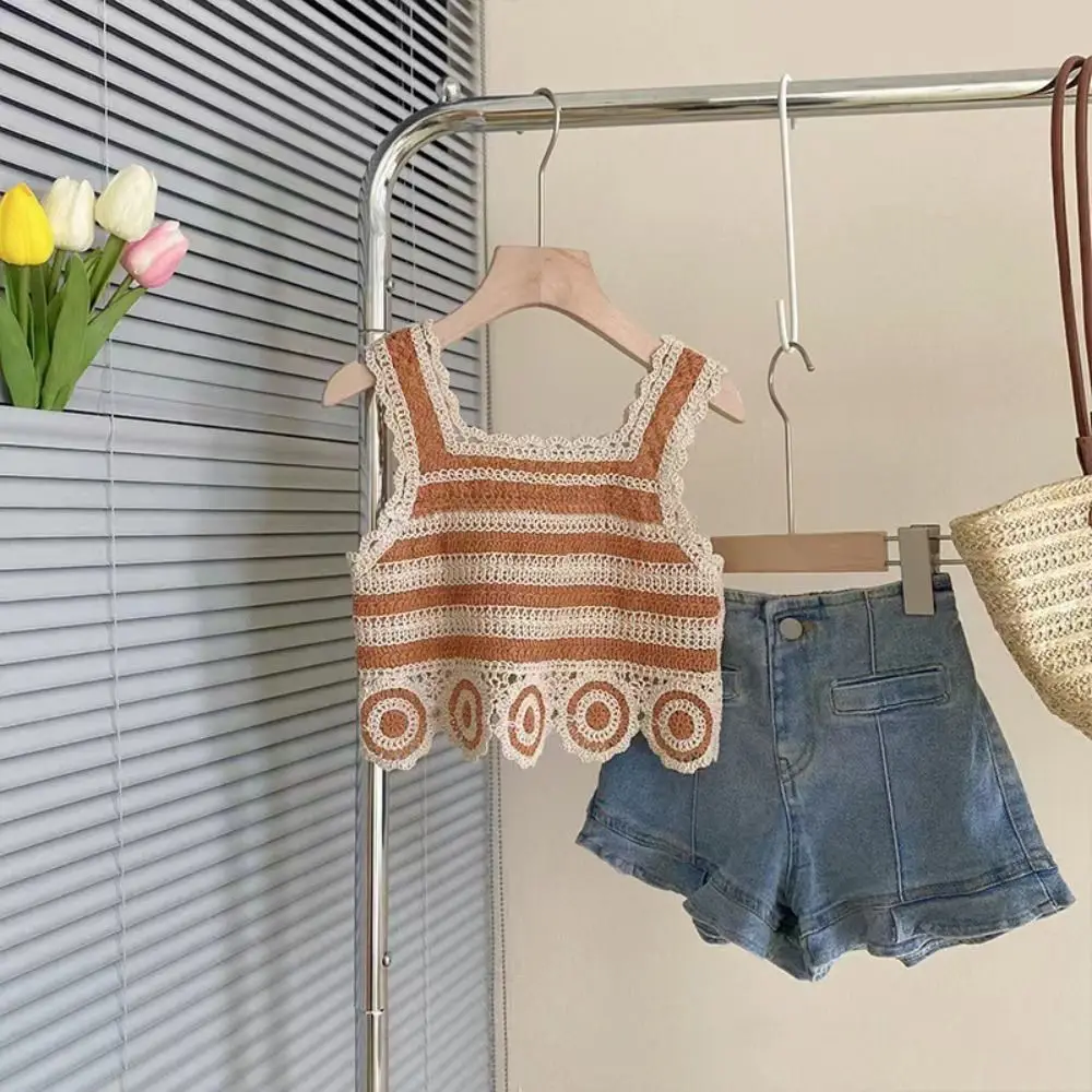 Cotton National Style Knitted Tank Top Striped Hollow Small Vest Sleeveless Vintage Short Sleeves Women