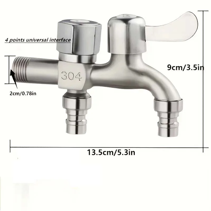 304 Stainless Steel Dual Outlet Tap for Washing Machines - 4 Point Connector, Brushed Finish, Burst Resistant, Rust Resistant