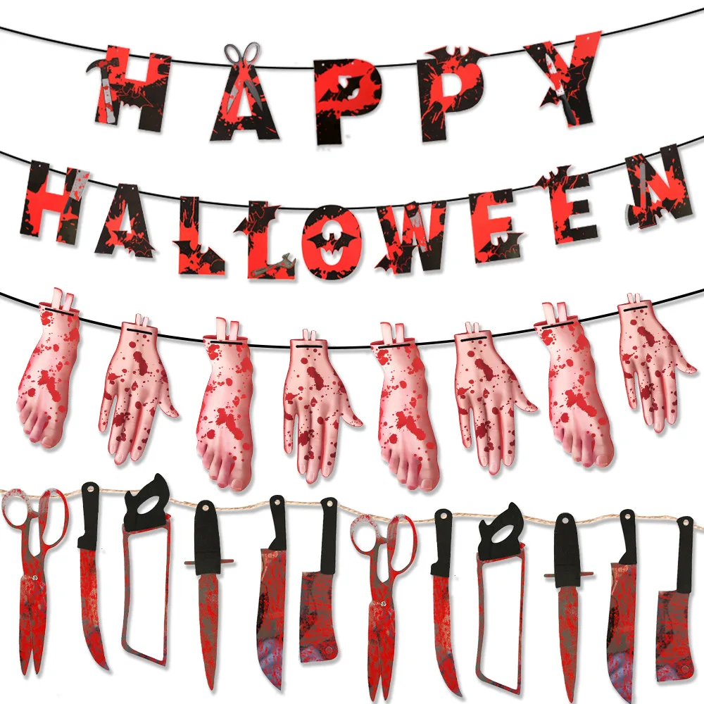 

Halloween pull flag decoration blood knife letters paper banner party supplies haunted house horror props pull flower hanging de