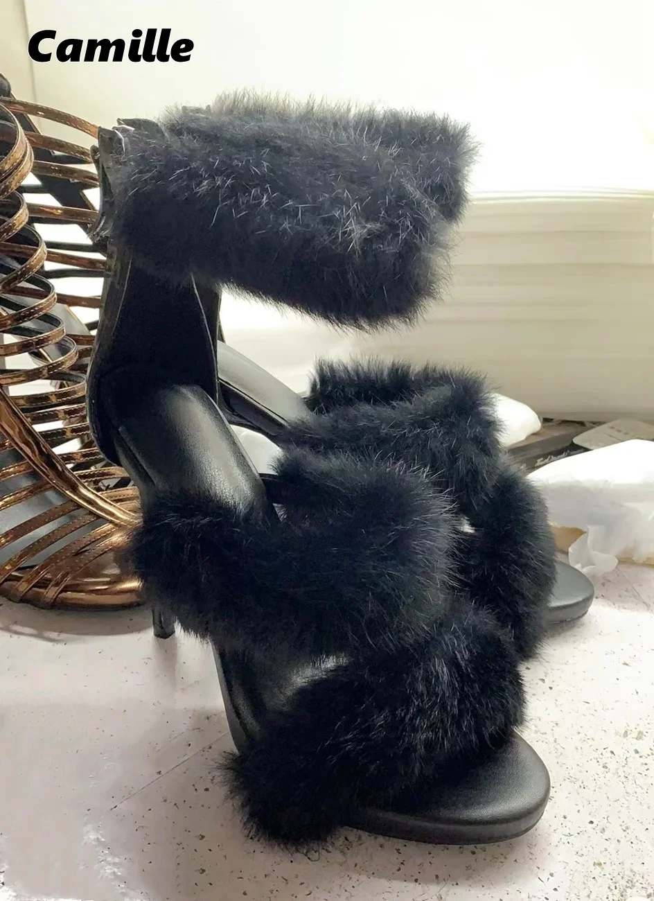 

Genuine Leather One Word Belt Short Plush Back Zip Snadals Open Toe Sexy Party Lady High Heels Size 34-40 Stiletto High Heels