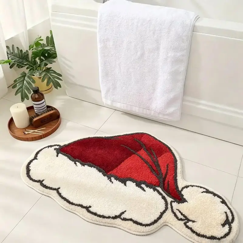VIKAMA Christmas Gingerbread Man Bathroom Mat Brown Santa Hat Scarf Soft Absorbent Non Slip Washable Floor Rug for Bath Gift