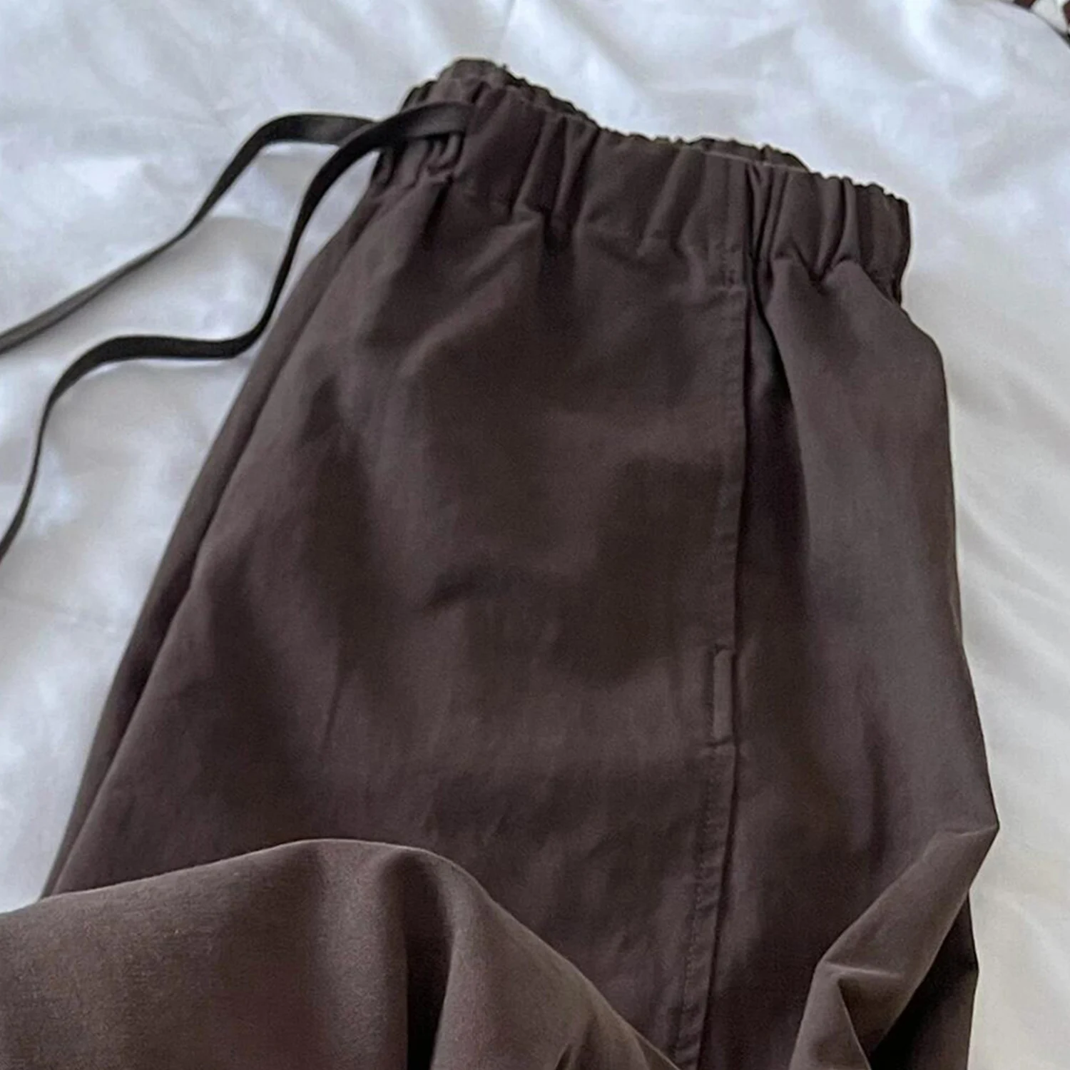 Diepbruine string elastische taille vintage wijde pijpen broek dames casual losse afslankende ballonbroek hoge taille katoen