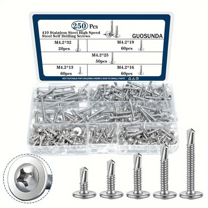 210PCS 410 Stainless Steel M4.2 Large Round Head Cross With Cushion Huasi Self Tapping Drilling Tail Dovetail Iron Sheet Screws