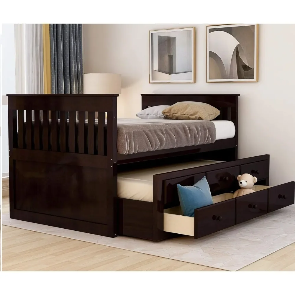 Twin Captain’s Bed Storage Daybed with Trundle and Drawers for Kids Guests (Espresso) Twin Bed, Twin Trundle, Storage Drawers