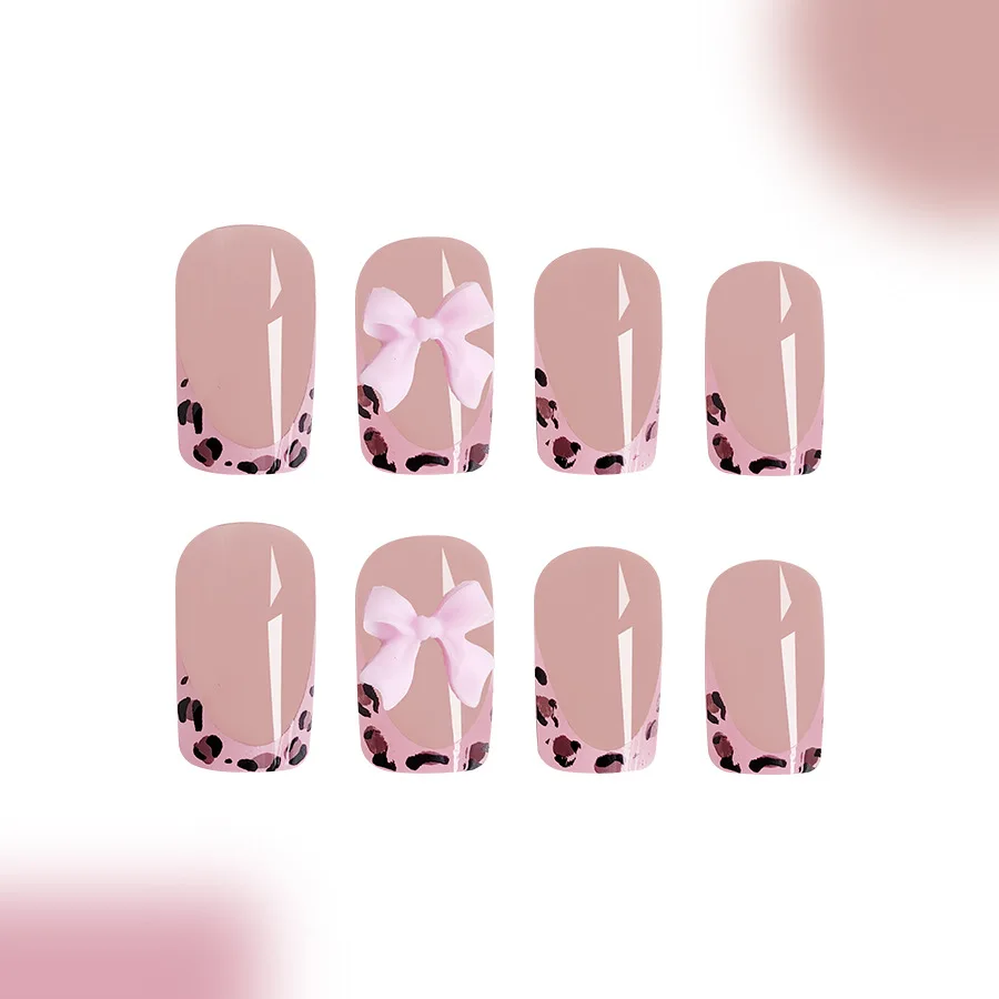 Unhas quadradas curtas com estampa de leopardo rosa, 3D Kitty Bow acentos, capa completa Press-on Nail Kit para mulheres e meninas, 24 peças