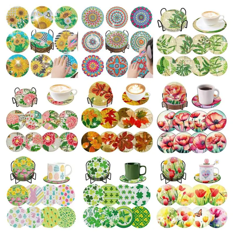 

8pcs Diamond Art Coasters Diy Flower Pattern Drink Cup Cushion Strong Adhesion Diamond Painting Kits For Crafts