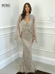 MYMB Elegant Mermaid Formal Party Evening Dress with Cape Luxury V Neck Beaded Feathers Two Pieces Set Wedding Guest Gown DHS016