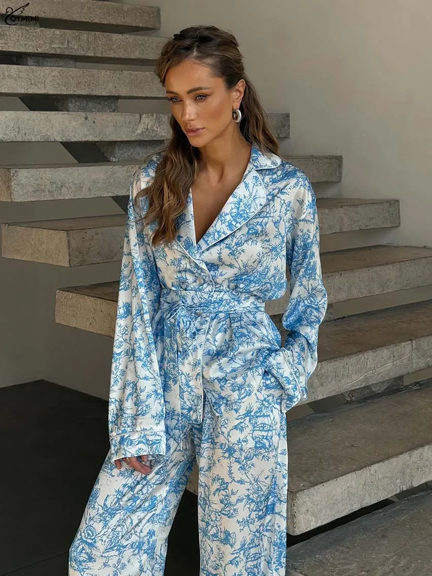 Oymimi Elegant Blue Print 2 Pieces Set For Woman Fashion Long Sleeve Button Lace-Up Shirts And Pockets Straight Trousers Sets