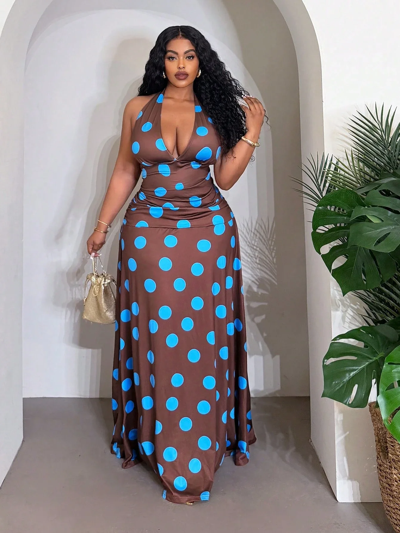 

Elegant Sexy Backless Halter Deep V-Neck Ruched Waist A-Line Maxi Dress Blue Polka Dot
