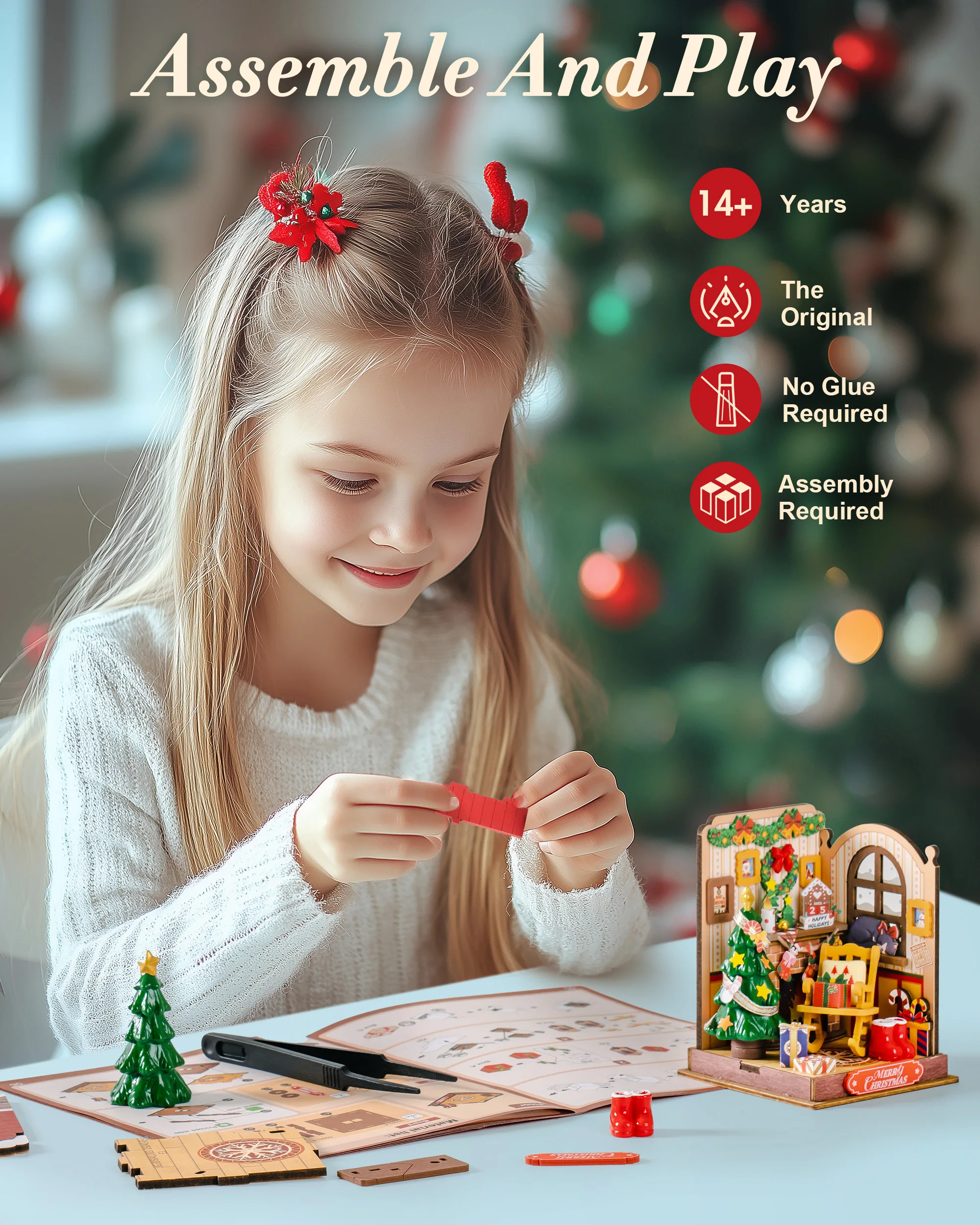 Robotime Rolife Miniature House Christmas Gifts Fireplace Decoration for Home Bookshelf Dollhouse 3D DIY Wooden Puzzle Model