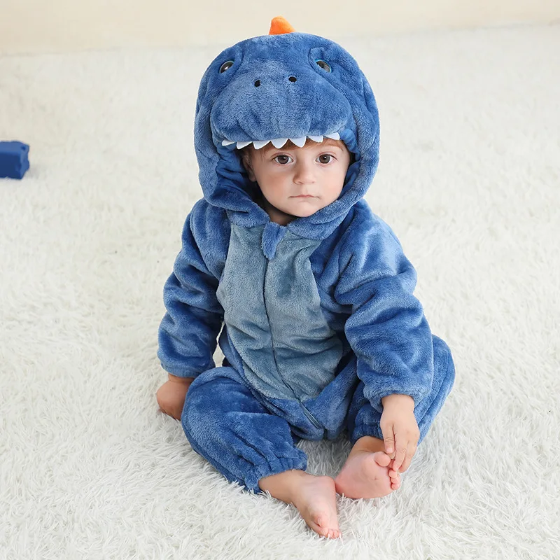 Dino Romper Baby Boy Girl Pajama Bebe Clothes Cute Bodysuits Flannel Warm One-piece Winter Halloween Animal Outfit