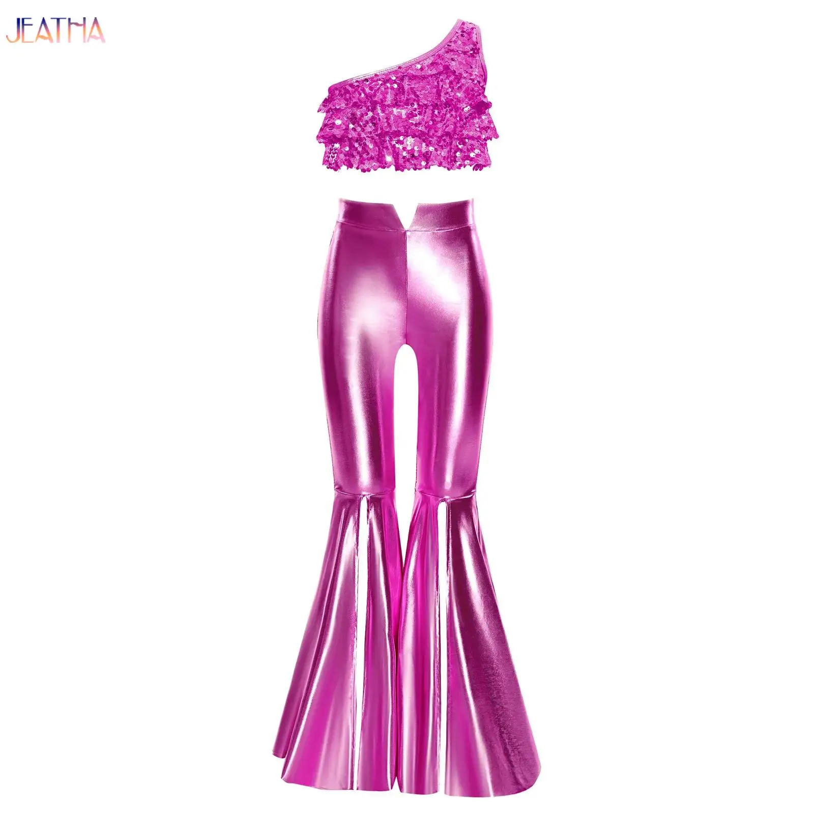 

Костюм для выступлений в стиле джаз и хип-хоп для девочек: топ без рукавов с пайетками и многоярусными оборками и брюки-клеш