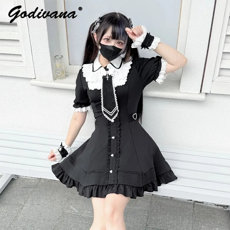 

Original New Spring and Summer Girls Women's Lace Patchwork Short Sleeve A-line Dress with Tie XS-4XL Sweet Black JK Dresses