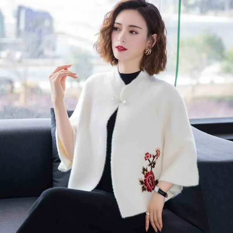 Women Imitation Mink Velvet Sweater Coat Autumn High End Embroidered Shawl Cardigan Elegant With Cheongsam Cloak Knitted Jacket