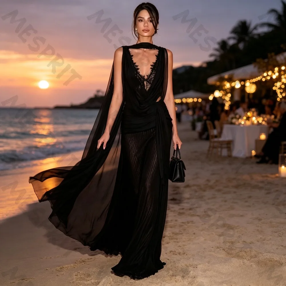 Customized Black Sexy Deep V Mermaid Evening Gowns Back Cross Hollow Ribbon Lace Trailing 2026 New Cocktail Beach Dance Dresses