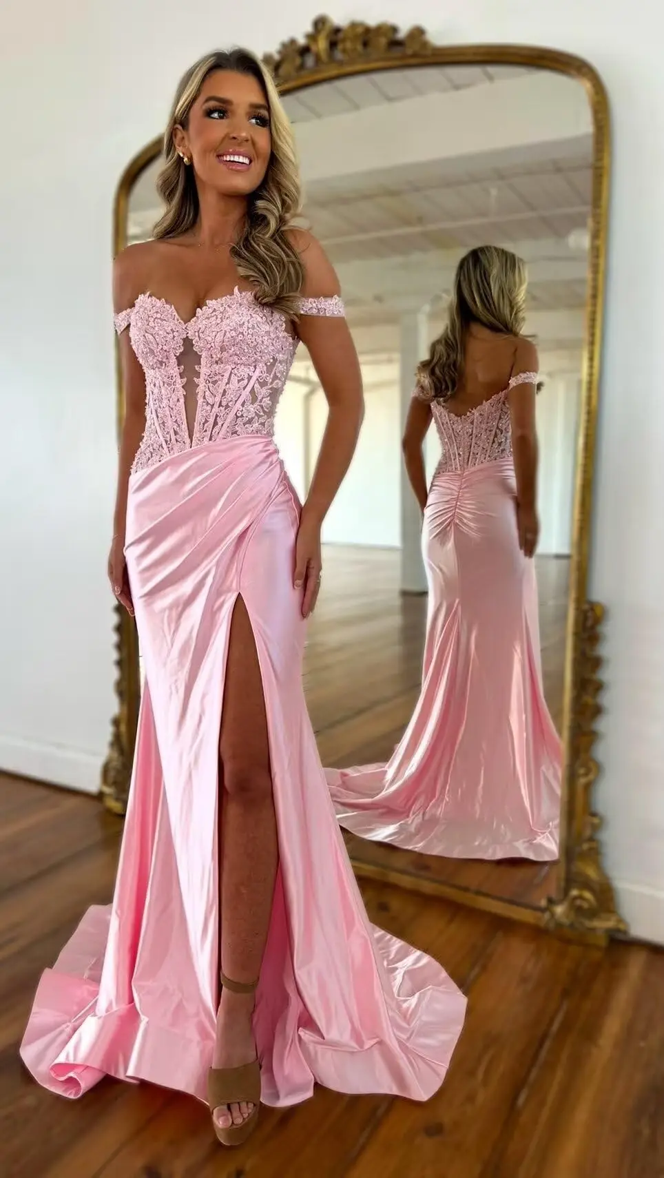 

Off The Shoulder Satin Prom Dress Lace Sequin Appliques Mermaid Corset Formal Evening Gown with Slit