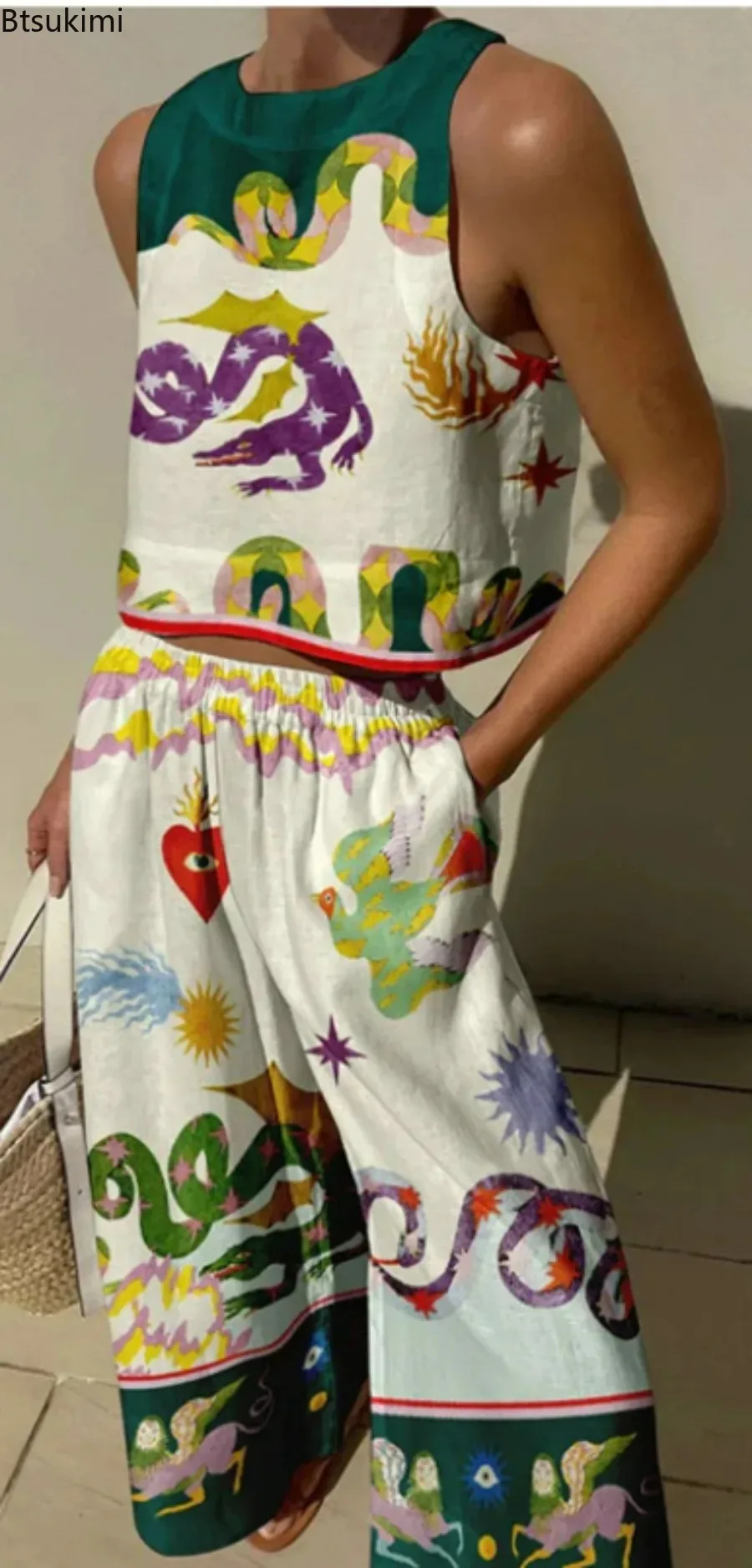 New 2024 Women's Casual 2PCS Suits Sets Cartoon Print Summer Sleeveless Sets Female Vintage Shirts Top& Drawstring Pants Outfits