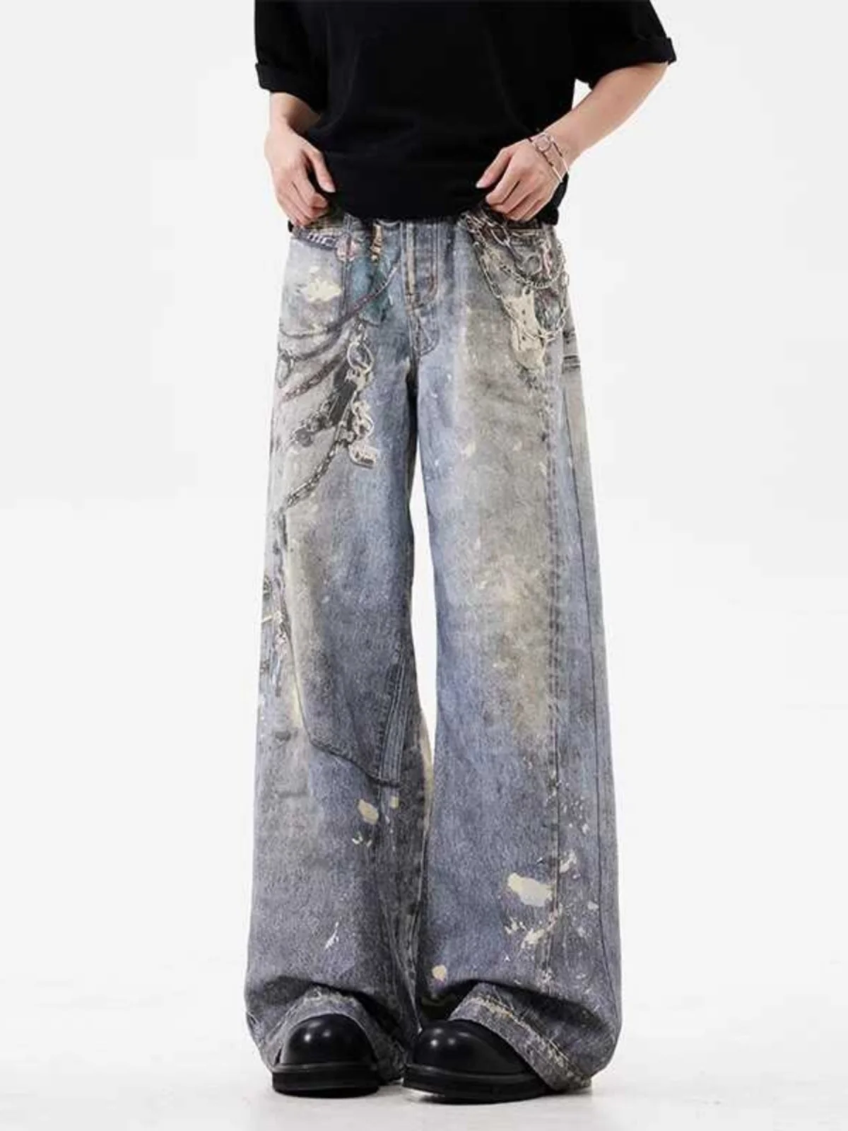 Retro 3D Digital Print Loose Jeans Men's Sle Faded Dyeing Chain Strap Casual Straight Leg Jeans Youth Trend American Sle