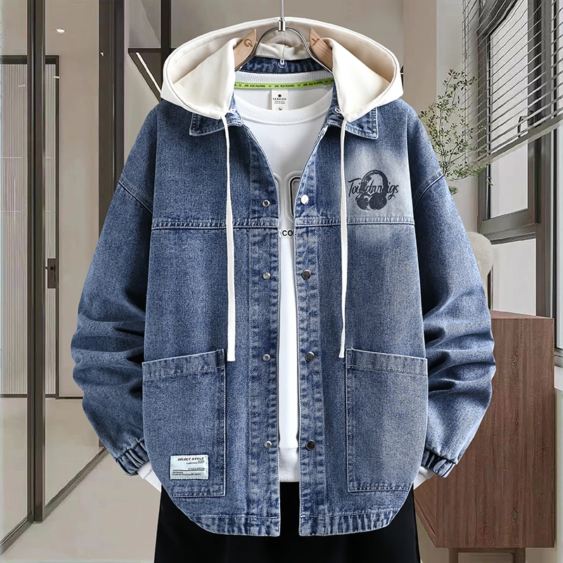 

Autumn New Sle Men's Denim Jaet with Detachable Hat Youth Faionable Casual Loose Fit Cotton Polyester Blend Coat