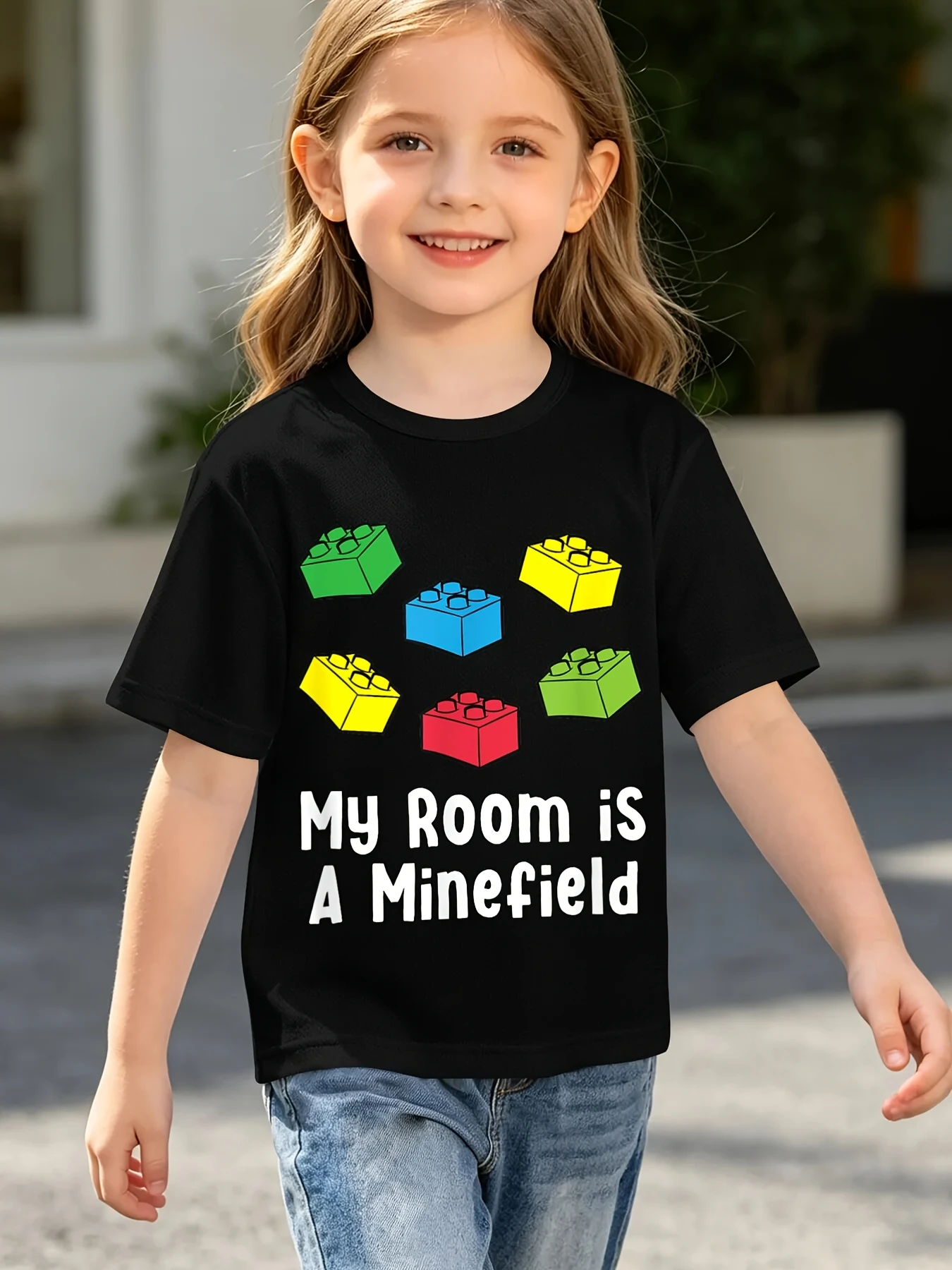 Bright Toy Bricks Cartoon Graphic T Shirt Boys Girls Humorous Daily Short Sleeve Tee Family Matching Kids Casual Cotton Tops