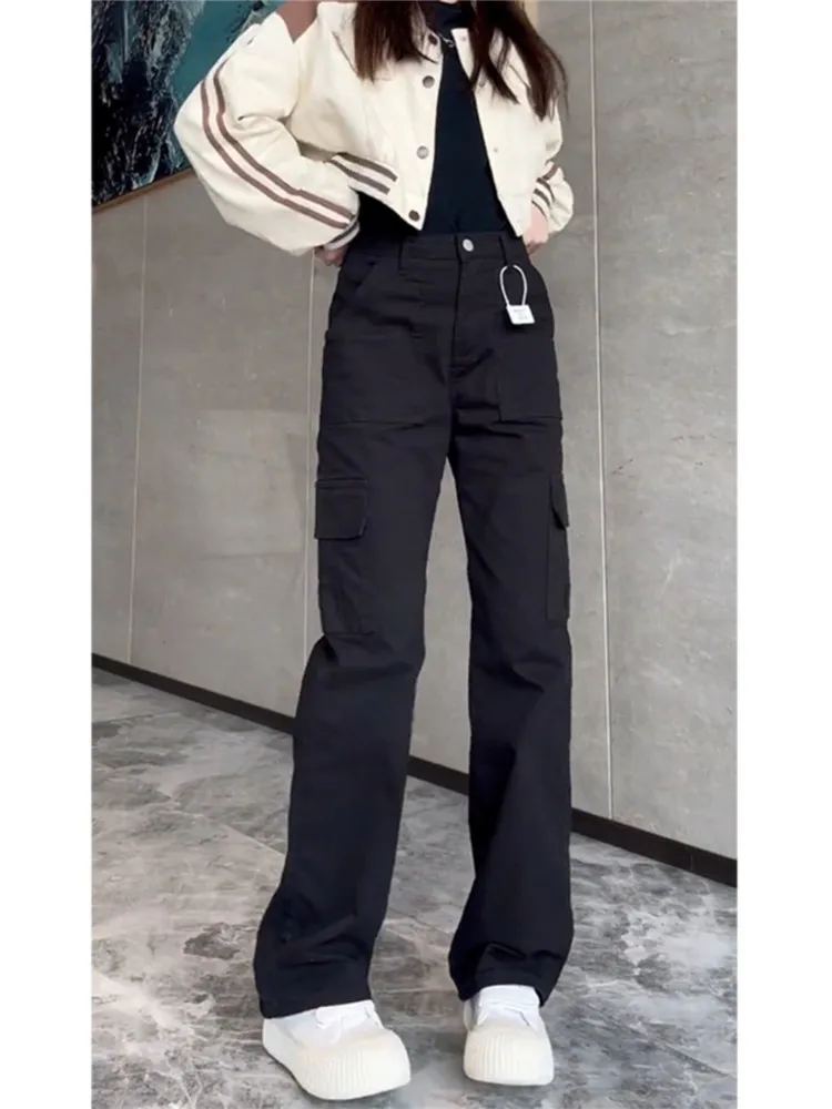 

Extended Length Straight Leg Workwear Jeans for Taller Women High Waist Slim Fit Wide Leg Floor Length Pants Black