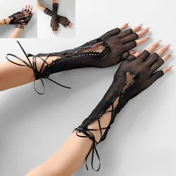 New Design Women Sexy Bandage Fingerless Gloves Gothic DIY Strapping Sunscreen Sleeve Lolita Jk Emo Y2k Elastic Mesh Punk Gloves