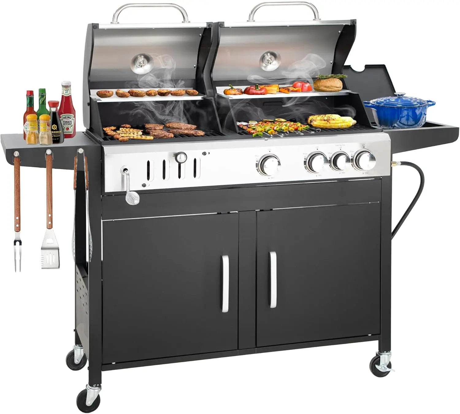 3 Burner Propane Gas and Charcoal Grill Combo with Side Burner & Porcelain-Enameled Cast Iron Grates, 37,000 BTUs 685 SQIN