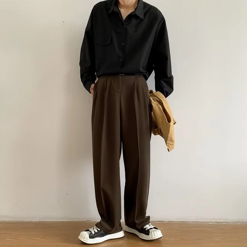 Brown Black Suit Pants Men Fashion Social Mens Dress Pants Korean Loose Straight Wide Leg Pants Mens Office Formal Trousers images - 6