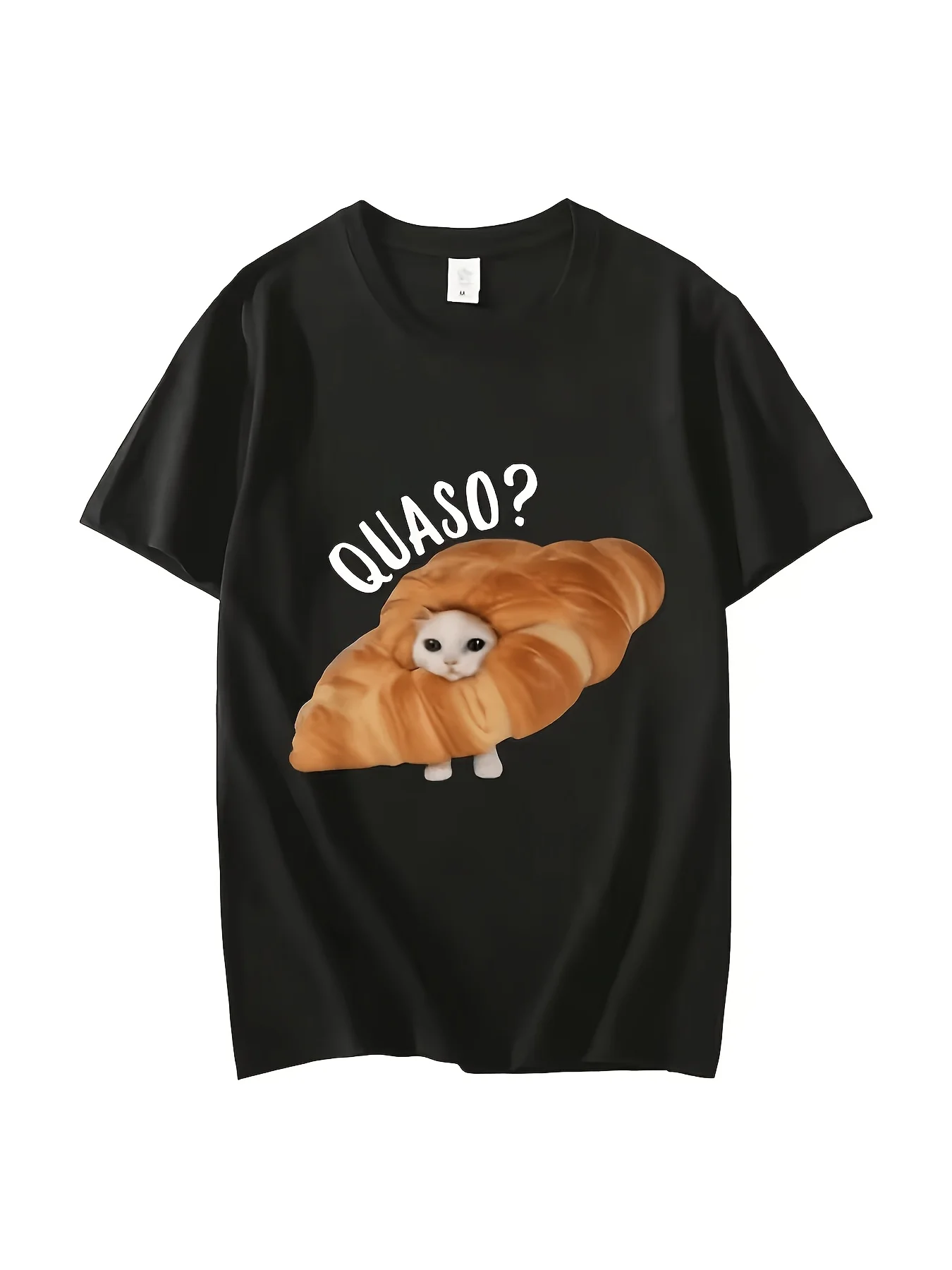Stylish Men's Fun Croissant Cat Emoji Pattern Short-Sleeve T-Shirt with Pastry and Tabby Cat Pattern Casual Streetwear