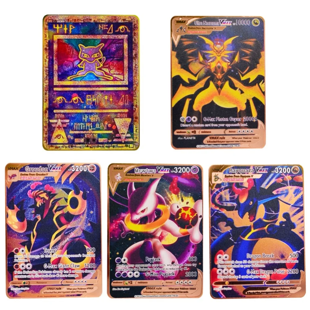 5 uds Pokemon tarjeta de Metal letras de Pokemon Mewtwo Vmax Charizard Vstar Pikachu tarjetas de hierro dorado juegos de Anime juguetes para niños regalos