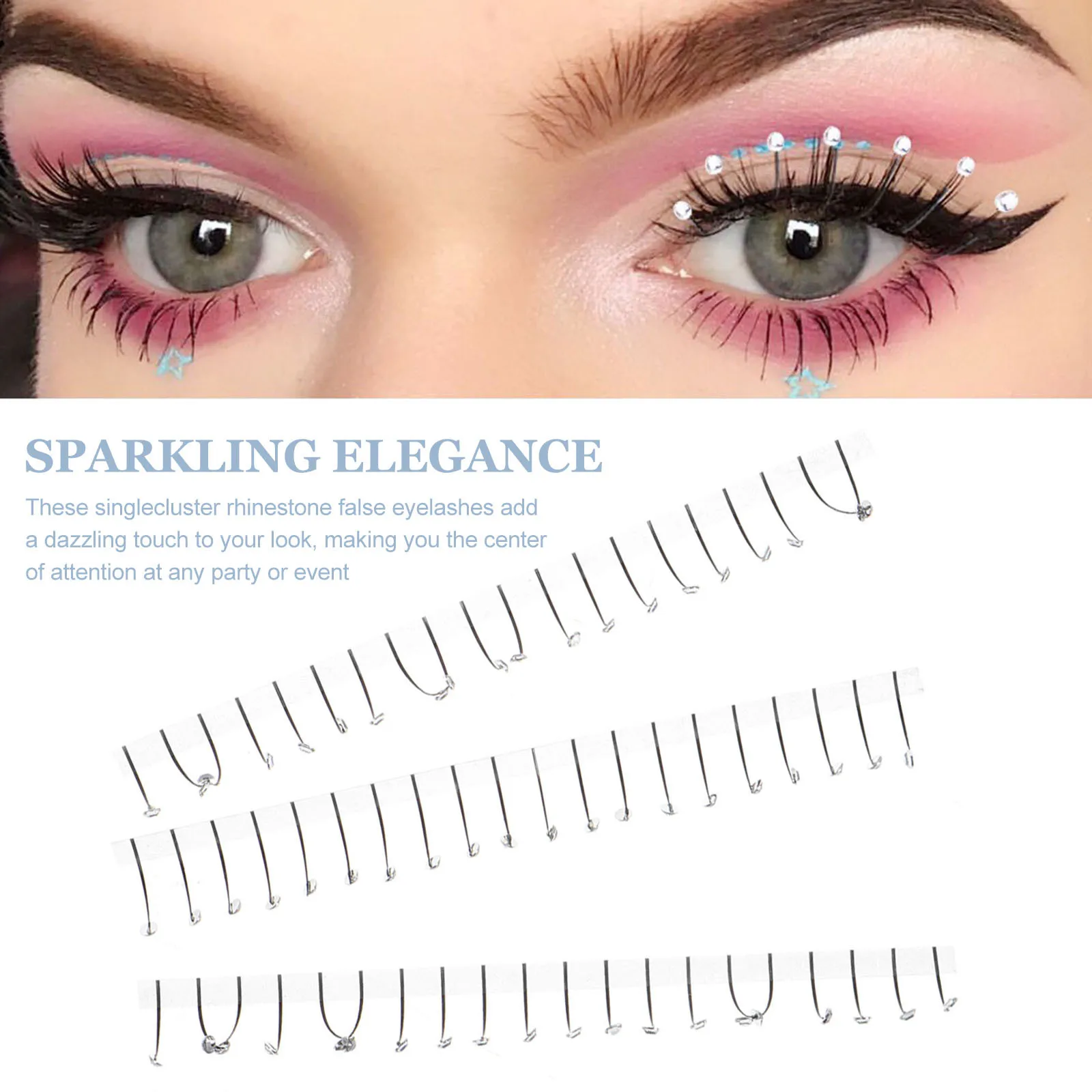 Sztuczne rzęsy z pojedynczymi kępkami wodnych cyrkonii, brokatowe przedłużanie rzęs na wesela, bankiety, imprezy świąteczne, dramatyczne i wyraziste.