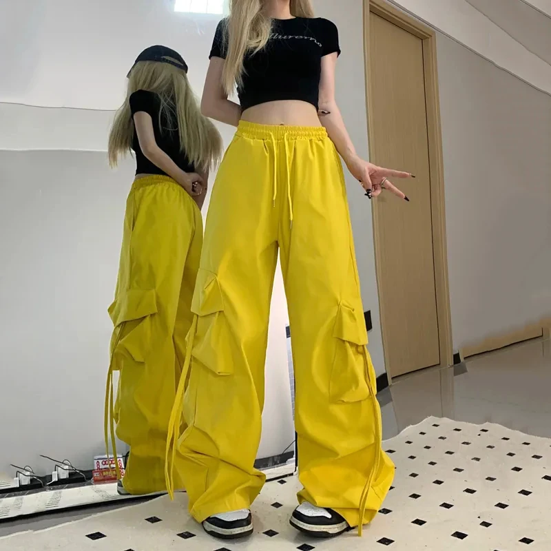 Streetwear Cargo Pants Women Y2K High Waist Loose Solid Wide Leg Pants Bf High Summer Fashion Baggy Pocket Straight Trousers