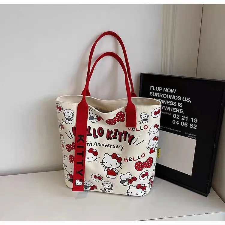 Kawaii Sanrio Hello Kitty Canvas Shoulder Bag - Large Capacity Handbag Backpack Schoolbag Gift for Girls Birthday
