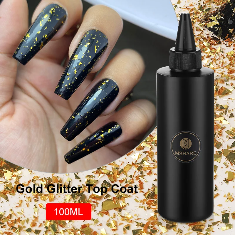 MSHARE Gold Glitter Top Coat Shiny Glitter Gel Polish Nail Art  Transparent Refill Non Wipe Top Gel No Sticky Layer 100g