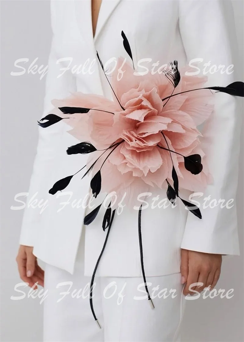Elegant Detachable Pink Floral Feather Decor Women Suit 2 Pcs Blazer + Flare Pants Wedding Party Prom Evening Office Lady Sets