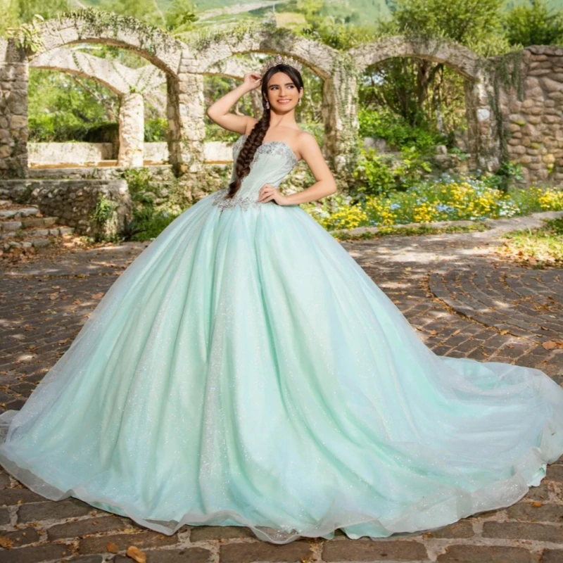 

Light Green Shiny Princess Off the Shoulder Sweet 16 Dress Quinceanera Dresses Beads With Cape Tull Party Birthday Vestidos 15