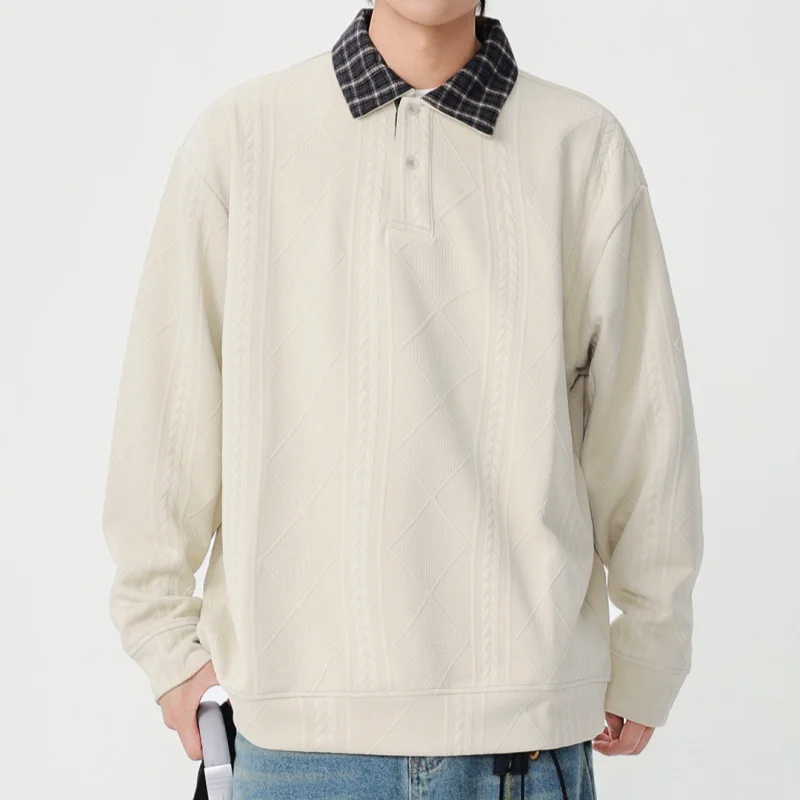 

Жаккардовая текстурированная толстовка в стиле ретро, унисекс, рубашка поло с контрастным клетчатым воротником, мягкая и теплая