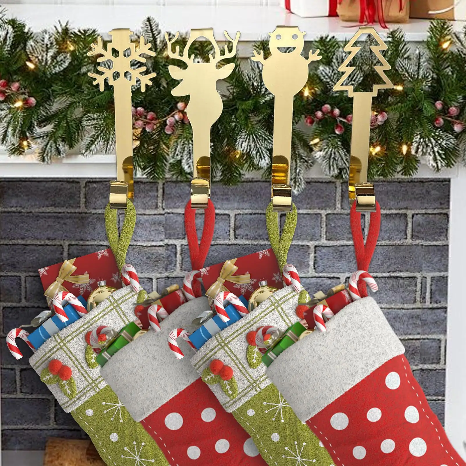 Stocking Hooks For Fireplace 4 Pieces Heavy Duty Non-Slip Christmas Ornaments Clips Mantel Stocking Garland Hanger Decor For