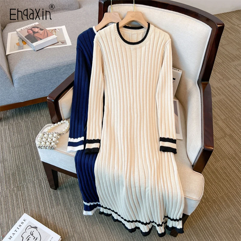 

EHQAXIN Autumn Winter 2022 Ladies New Knit Dress Fashion Casual Korean Round Neck Color Contrast Pit Strip Long Sweater Dresses