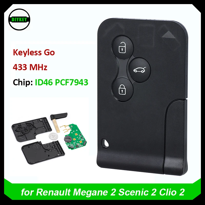 

DIYKEY Keyless Go Hands Free Smart Remote Key Card Fob для Renault Megane 2 Scenic 2 Clio 2 433 МГц ID46 PCF7943 BCM