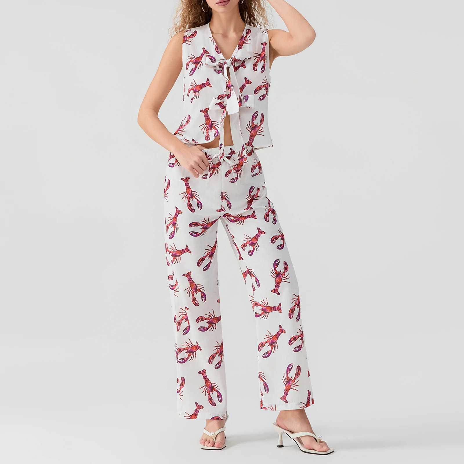 

Women's 2 Piece Casual Outfits Lobster Print Tie Front Vest Drawstring Pants Sets Streetwear