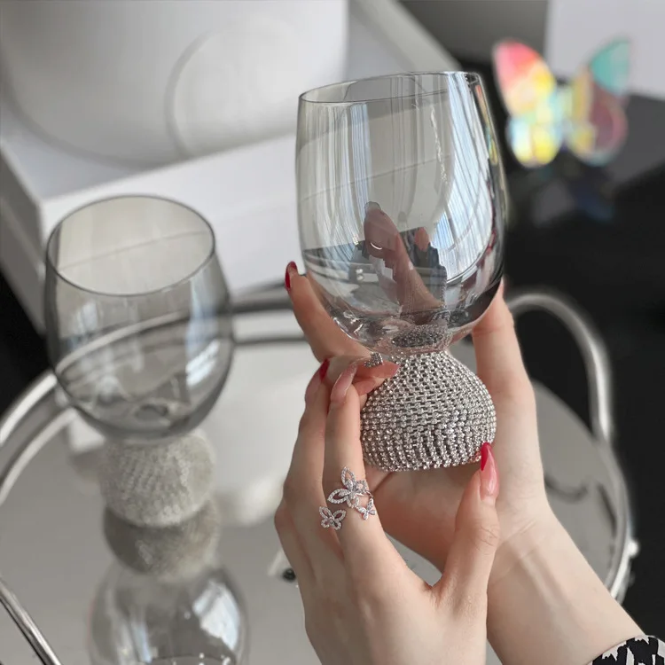 Luxury Diamond Crystal Glass Wine Glass Smoky Grey Ice Cream Red Wine Cup Cocktail Glass Diamond Cup Cocktail Glass