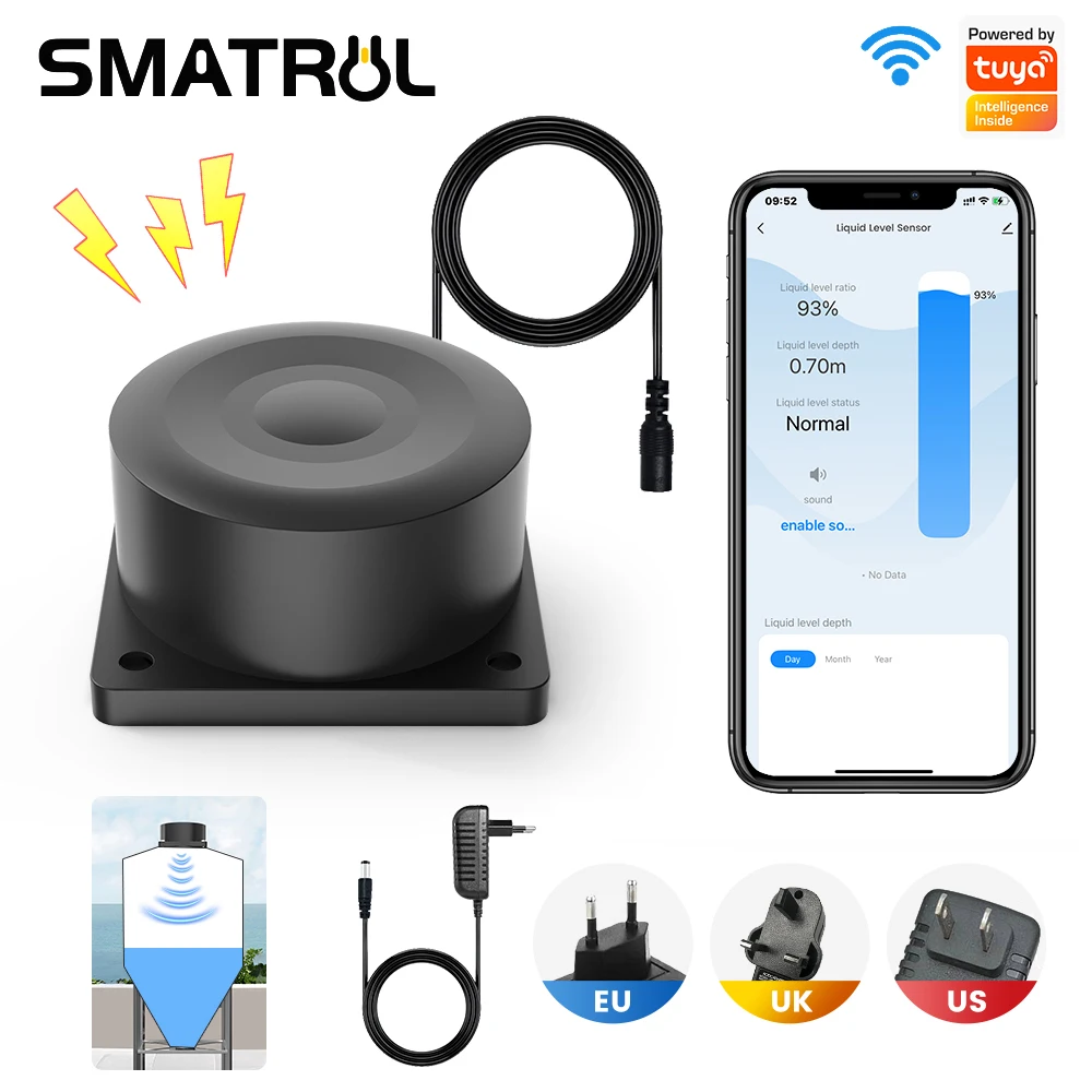 WiFi Ultrasonic Liquid Level Sensor Tuya Smart Water Tank Level Monitor with App Alarm Real-Time Percentage Display