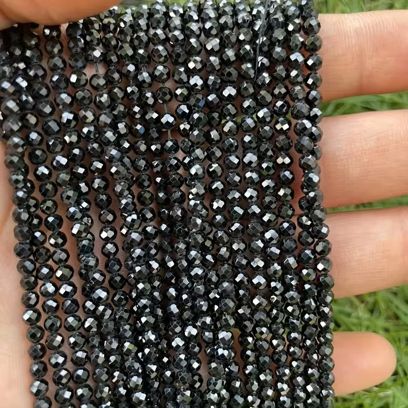 Natural Faceted Black Spinel Shiny Loose Round Small Beads 2/3/4mm 15Inch For Jewelry Making DIY Bracelet Necklace Accessory