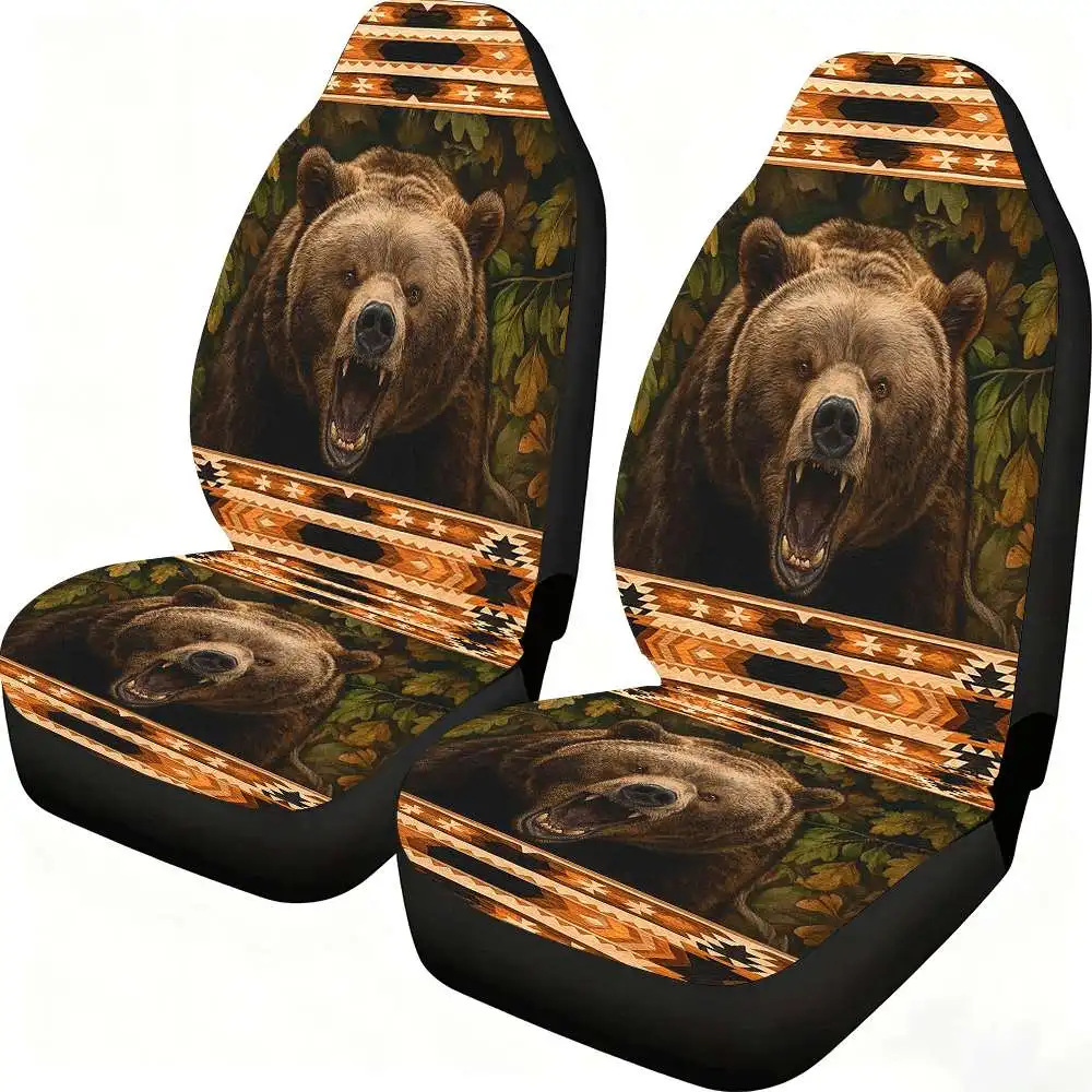 2pcs Tribal Roaring Bear Car Seat Covers Suitable For Front Seats, High Back Design, Material, Suitable For Cars, SUVs And Truck