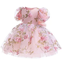 Summer New Baby Dress Birthday Party Rose Bubble Sleeve Girl Princess Dress Stage Performance Bow Evening Dress