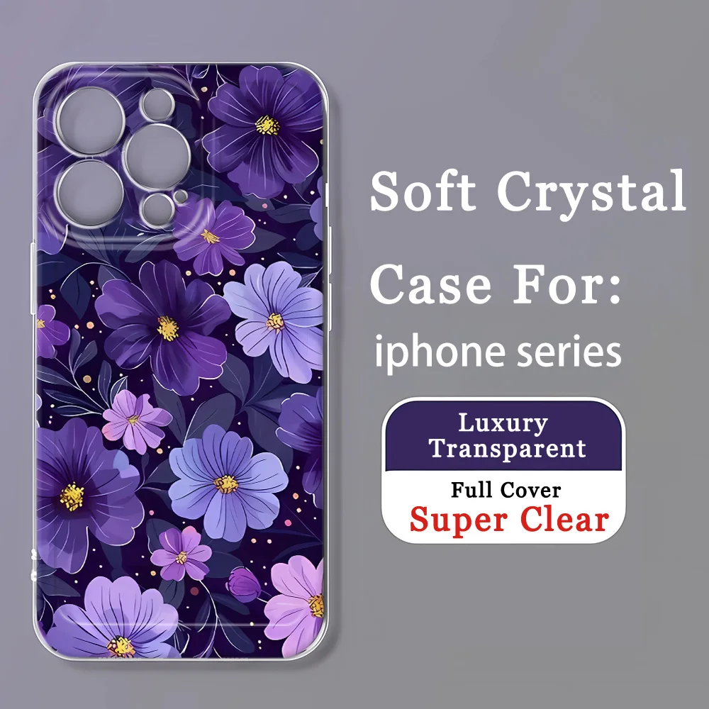 حافظة زهور Purpul لهاتف آيفون 13 حافظة آيفون 15 11 12 13 14 16 برو ماكس 16E 14 15 Plus iPhone16 غطاء سيليكون شفاف Funda