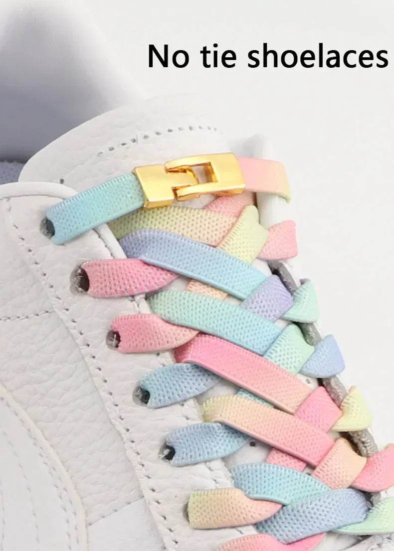 1 Paar flache Schnürsenkel mit Regenbogen-Farbverlauf und Metallschnalle, elastische Schnürsenkel ohne Binden für Sneaker, Schuhzubehör – Detail 1