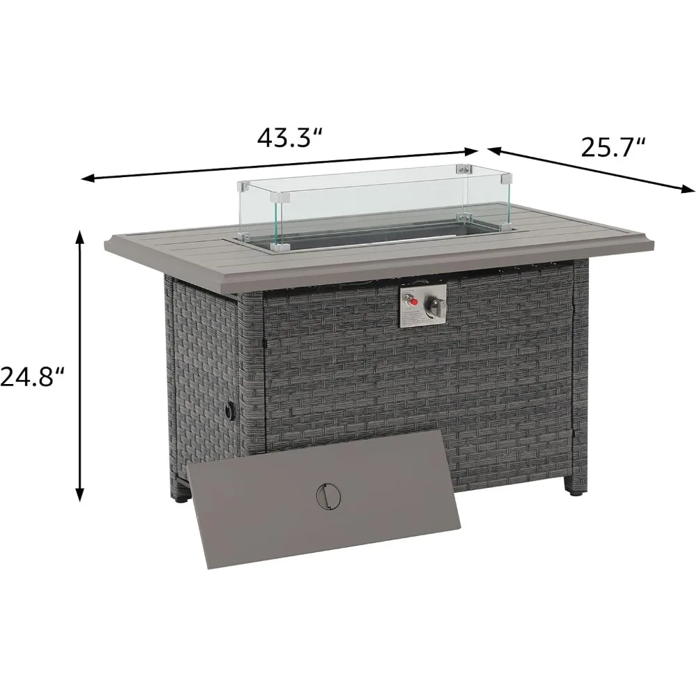 Outdoor Fire Pit Table 43 Inch with Aluminum Tabletop & Glass Wind Guard, Fire Glass and Lid &  Cover, Taupe Rattan Gas Firepit